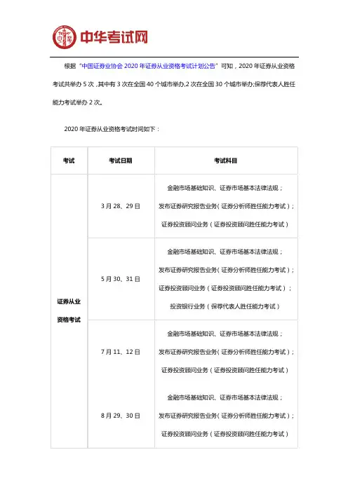 2020年证券从业资格考试时间