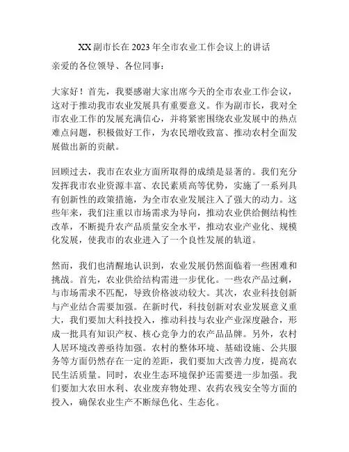 XX副市长在2023年全市农业工作会议上的讲话