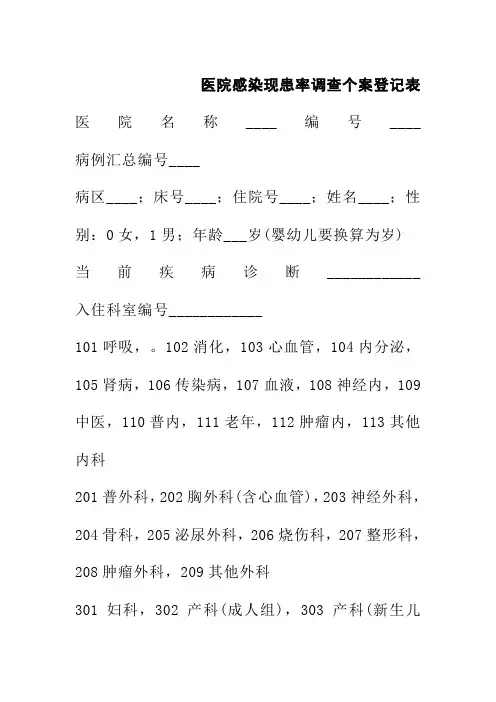 医院感染现患率调查个案登记表