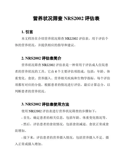 营养状况筛查NRS2002评估表