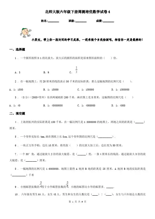 北师大版 六年级下册周测培优数学试卷4