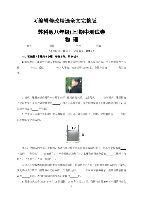 (苏科版)八年级物理上学期期中测试卷(含答案与解析)【可修改文字】