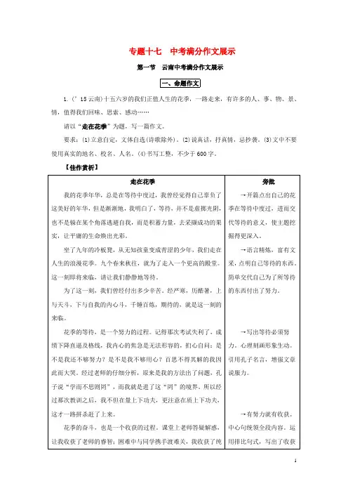 云南2016届中考语文热点专题攻略四写作专题十七满分作文展示