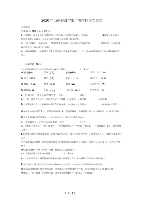 2020年山东省济宁市中考模拟语文试卷及答案