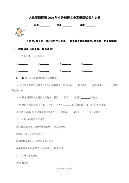 人教新课标版2020年小升初语文全真模拟试卷九D卷
