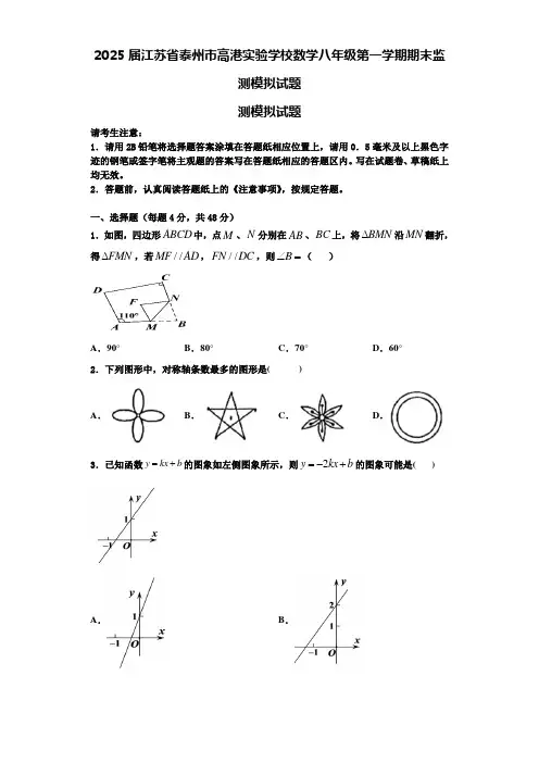 2025届江苏省泰州市高港实验学校数学八年级第一学期期末监测模拟试题含解析