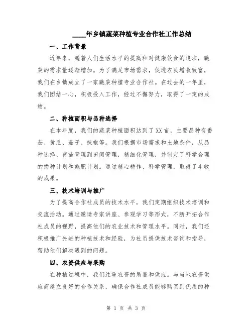 2024年乡镇蔬菜种植专业合作社工作总结