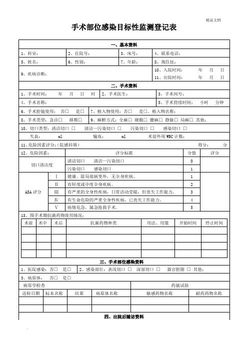 手术部位感染目标性监测登记表