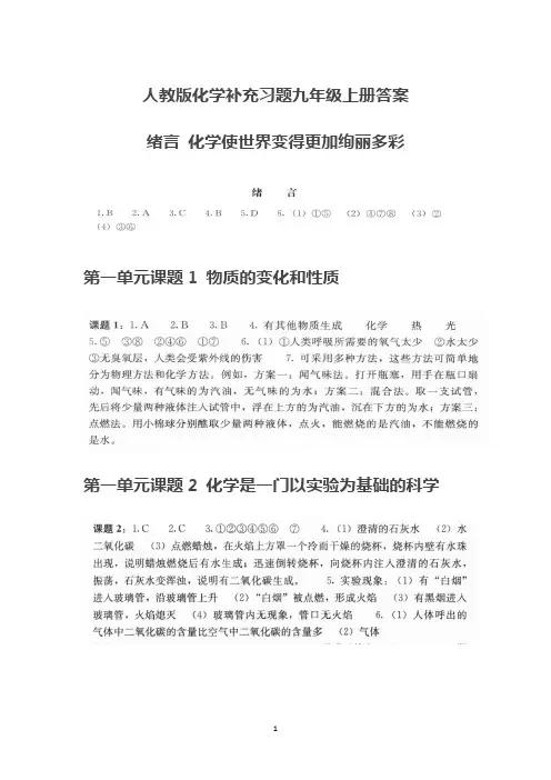 化学补充习题九年级上册答案(人教版)