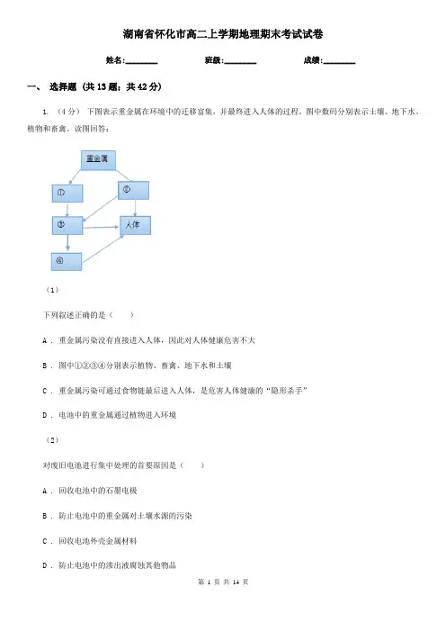 湖南省怀化市高二上学期地理期末考试试卷