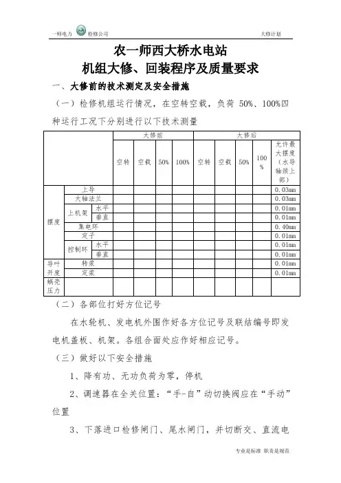 水电站机组大修、回装程序及质量要求水电厂大修计划汇编
