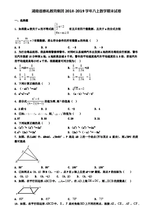 湖南省雅礼教育集团2018-2019学年八上数学期末试卷