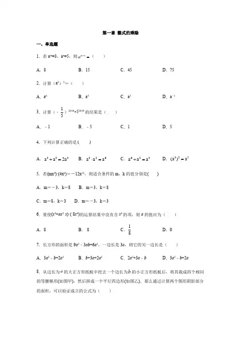 北师大版七年级数学下册第一章 整式的乘除练习(含答案)