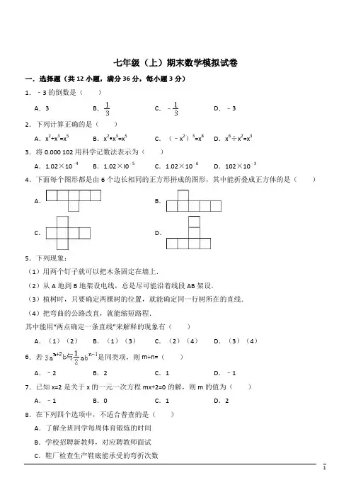 七年级上期末考试试题--数学(解析版)