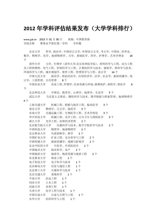 2012年学科评估结果发布