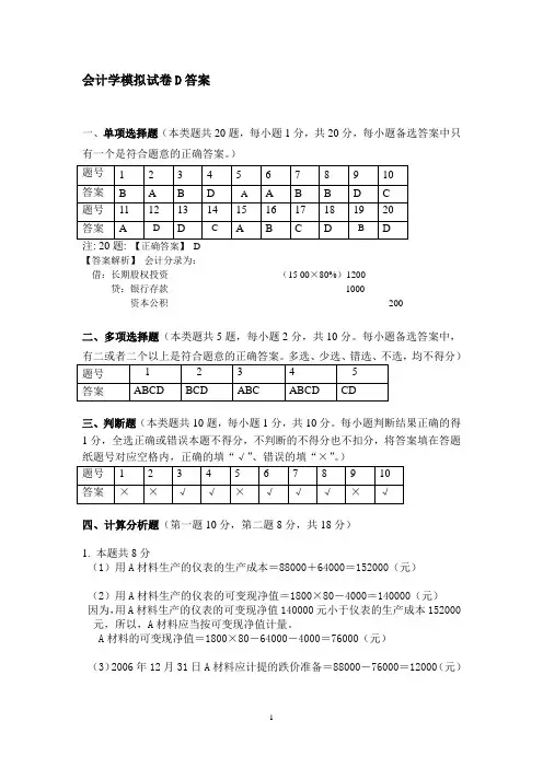 商学院全日制专升本会计学模拟试卷D答案