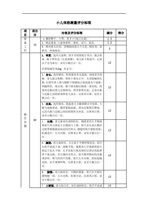 小儿体格测量-评分表
