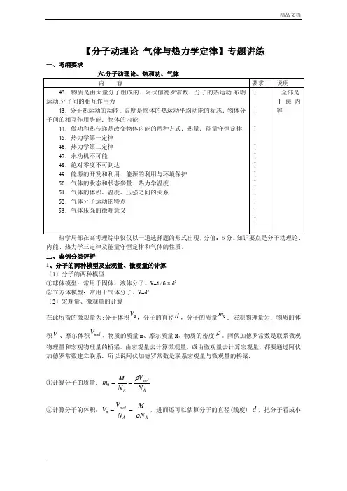 高中物理分子动理论-气体和热力学定律专题讲练