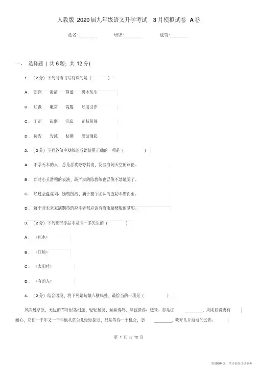(精品文档)人教版2020届九年级语文升学考试3月模拟试卷A卷