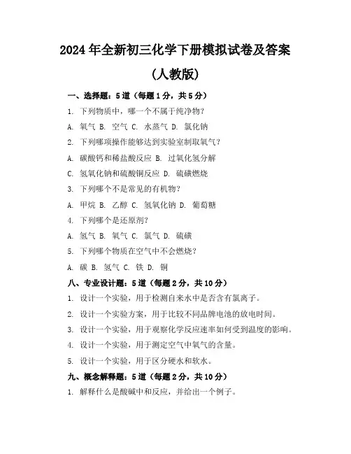 2024年全新初三化学下册模拟试卷及答案(人教版)