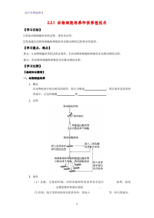 高中生物选修3优质学案6：2.2.1 动物细胞培养和核移植技术