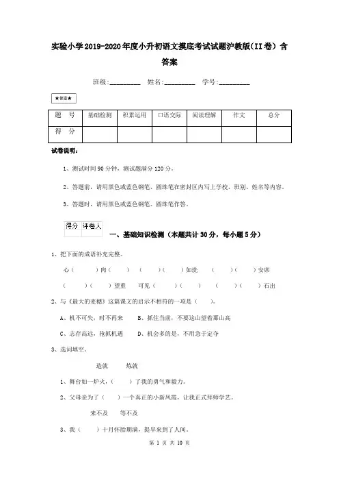 实验小学2019-2020年度小升初语文摸底考试试题沪教版(II卷) 含答案