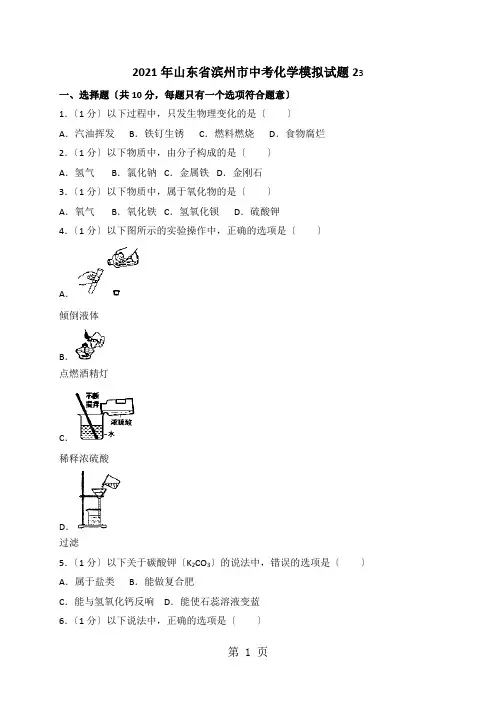 山东省滨州市中考化学模拟试题3(含解析)