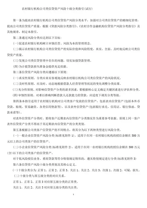 农村银行机构公司类信贷资产风险十级分类指引