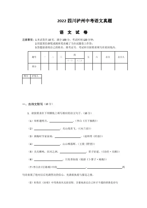 2022四川泸州中考语文真题