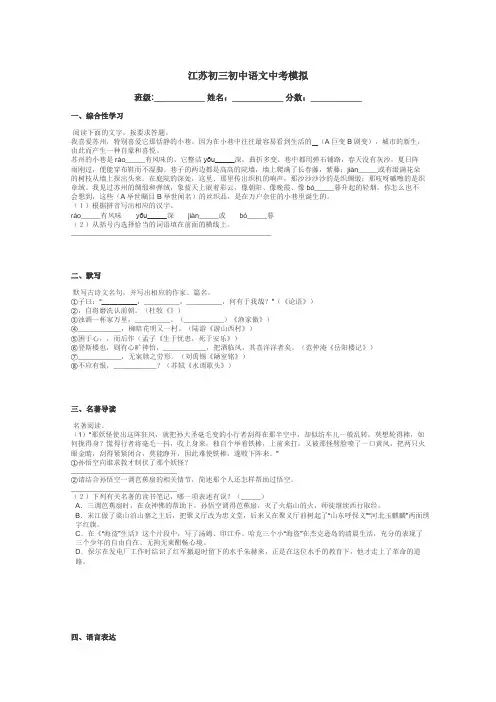江苏初三初中语文中考模拟带答案解析
