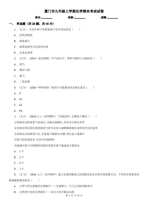 厦门市九年级上学期化学期末考试试卷