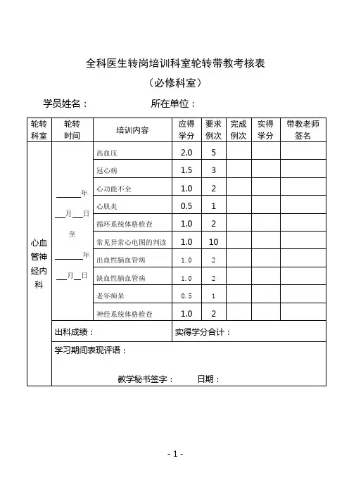 全科医生转岗培训必修科室考核表