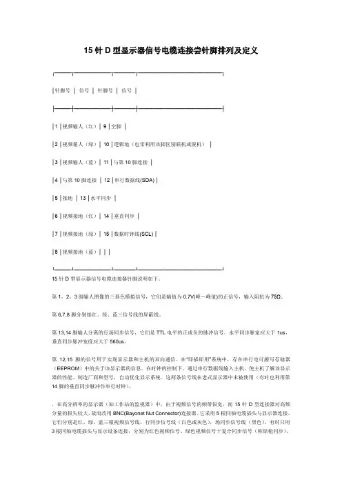 15针D型显示器信号电缆连接尝针脚排列及定义