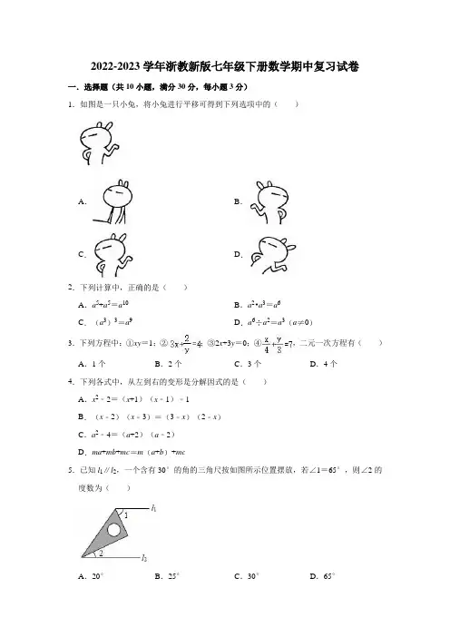 2022-2023学年浙教新版七年级下册数学期中复习试卷(有答案)