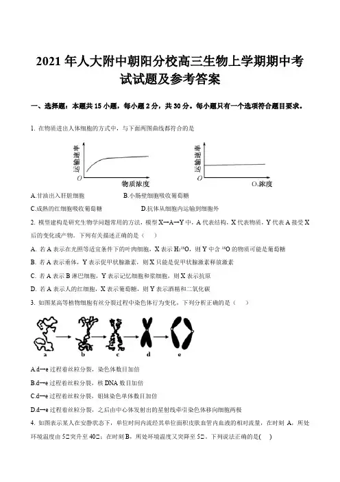2021年人大附中朝阳分校高三生物上学期期中考试试题及参考答案