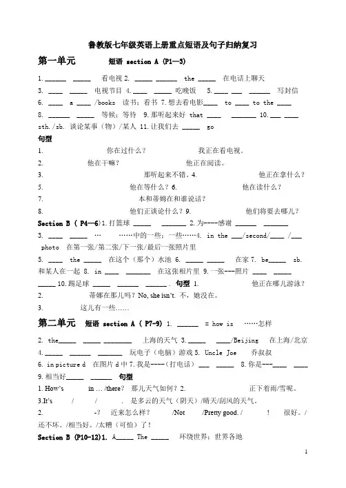 鲁教版七年级英语上册重点短语及句子归纳复习
