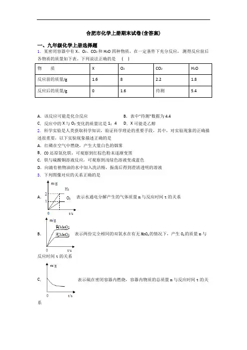 合肥市化学初三化学上册期末试卷(含答案)