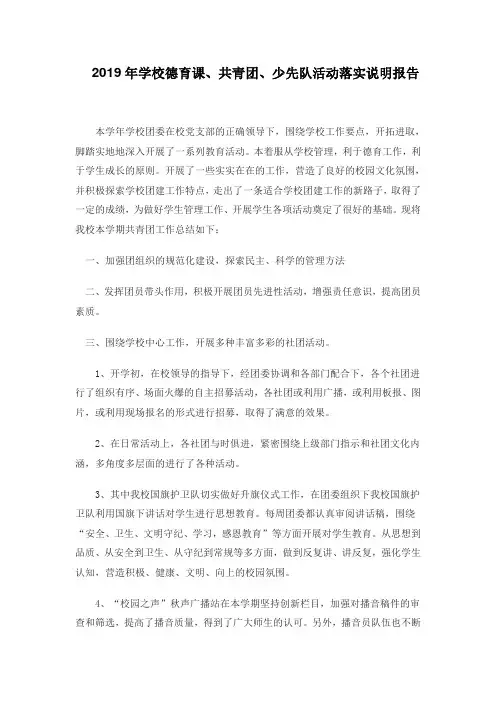 2019年学校德育课、共青团、少先队活动落实说明报告