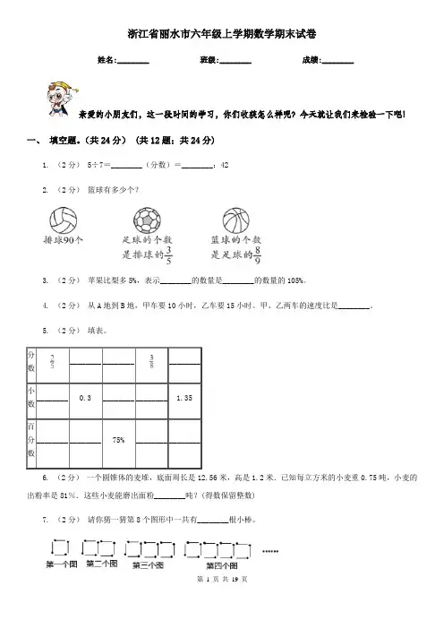 浙江省丽水市六年级上学期数学期末试卷