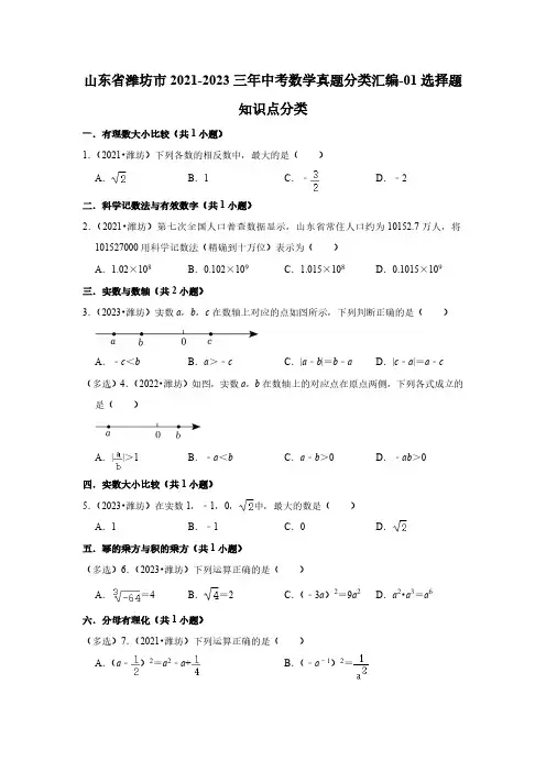 山东省潍坊市2021-2023三年中考数学真题分类汇编-01选择题知识点分类