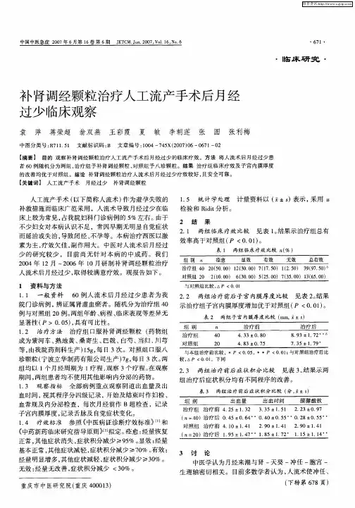 补肾调经颗粒治疗人工流产手术后月经过少临床观察
