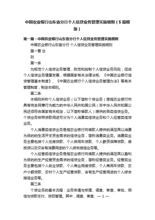 中国农业银行山东省分行个人信贷业务管理实施细则（5篇模版）