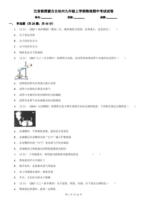 巴音郭楞蒙古自治州九年级上学期物理期中考试试卷
