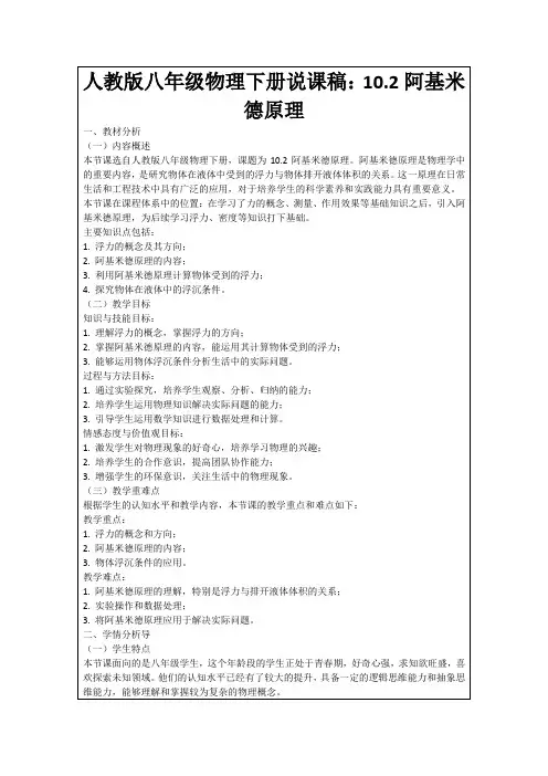 人教版八年级物理下册说课稿：10.2阿基米德原理