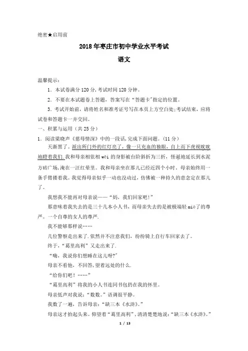 2018年山东省枣庄市中考语文试题及答案