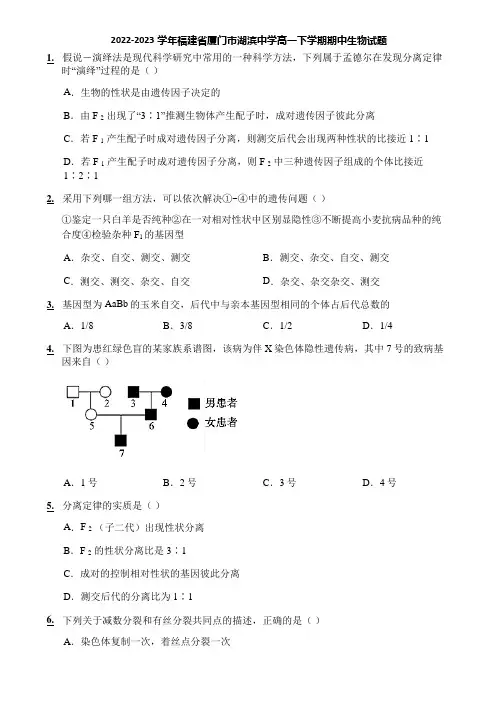 2022-2023学年福建省厦门市湖滨中学高一下学期期中生物试题