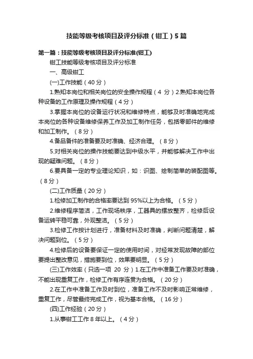 技能等级考核项目及评分标准（钳工）5篇