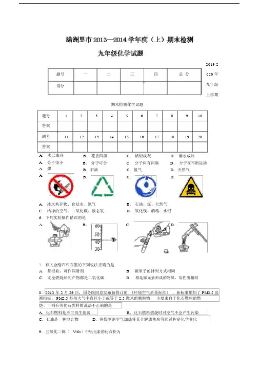2019-2020年九年级上学期期末检测化学试题.docx