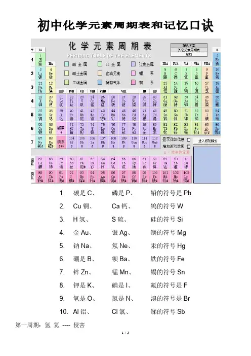初中化学元素周期表和记忆口诀
