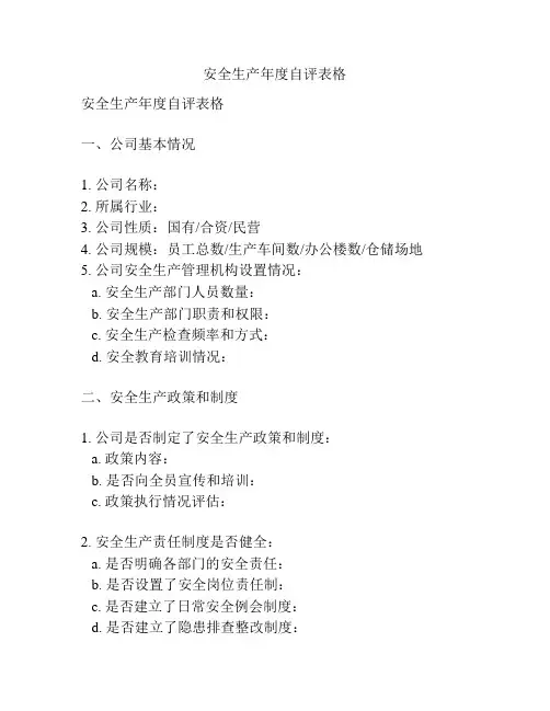 安全生产年度自评表格